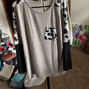 Gray and Black Cow Print Long Sleeve Top
